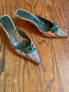 Miu Miu Green Leather Insole Tweed-Trim Sandal